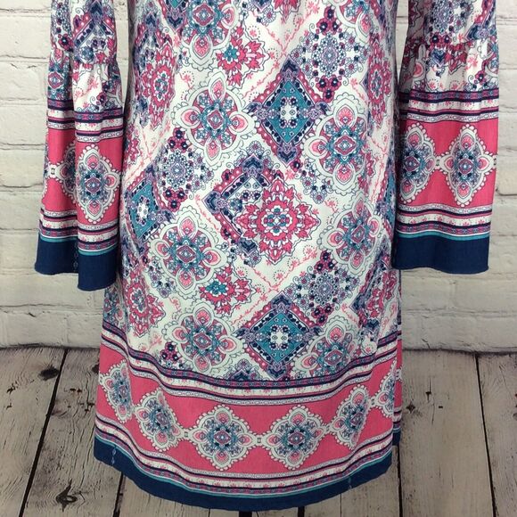 Mermaid Cove Shift Dress Women's Sm Peasant Style Bell Sleeves Geometric Beachy - Picture 5 of 10